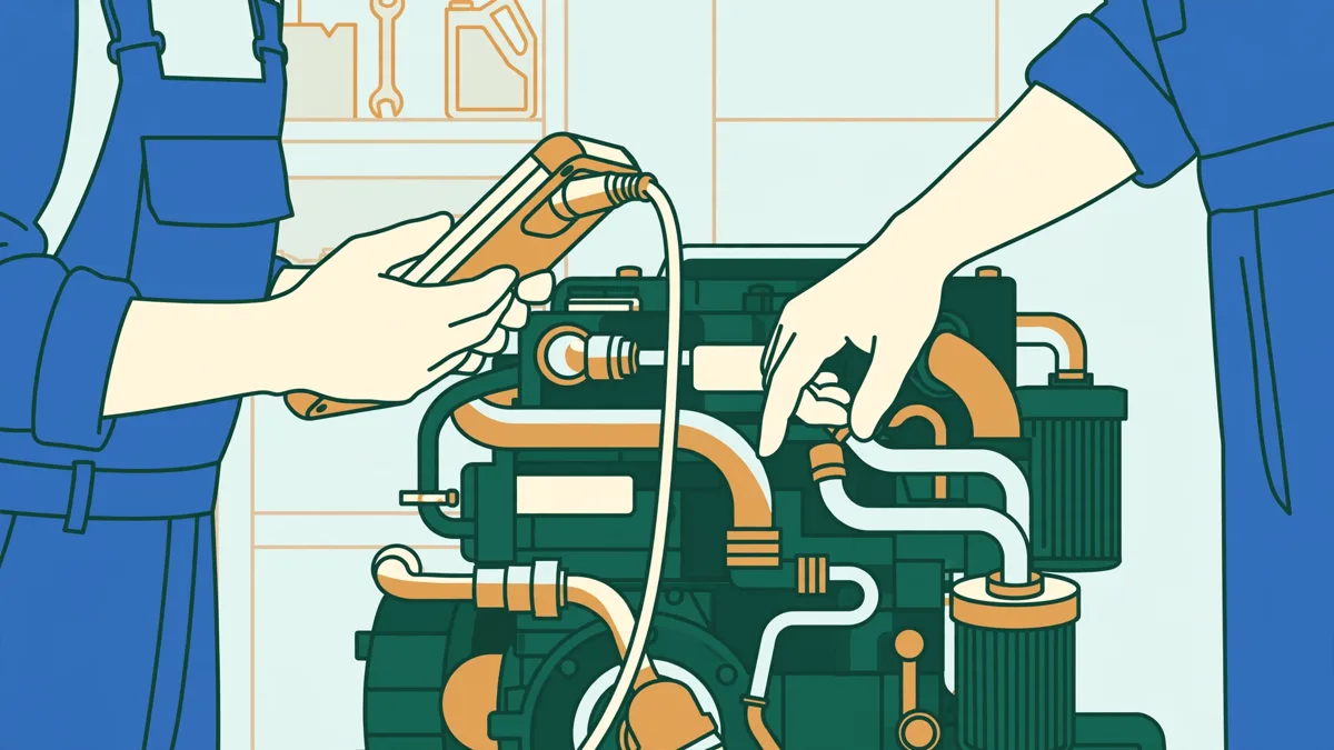 Deux étudiants en combinaison diagnostiquent le moteur d'un petit engin de chantier dans un atelier lumineux