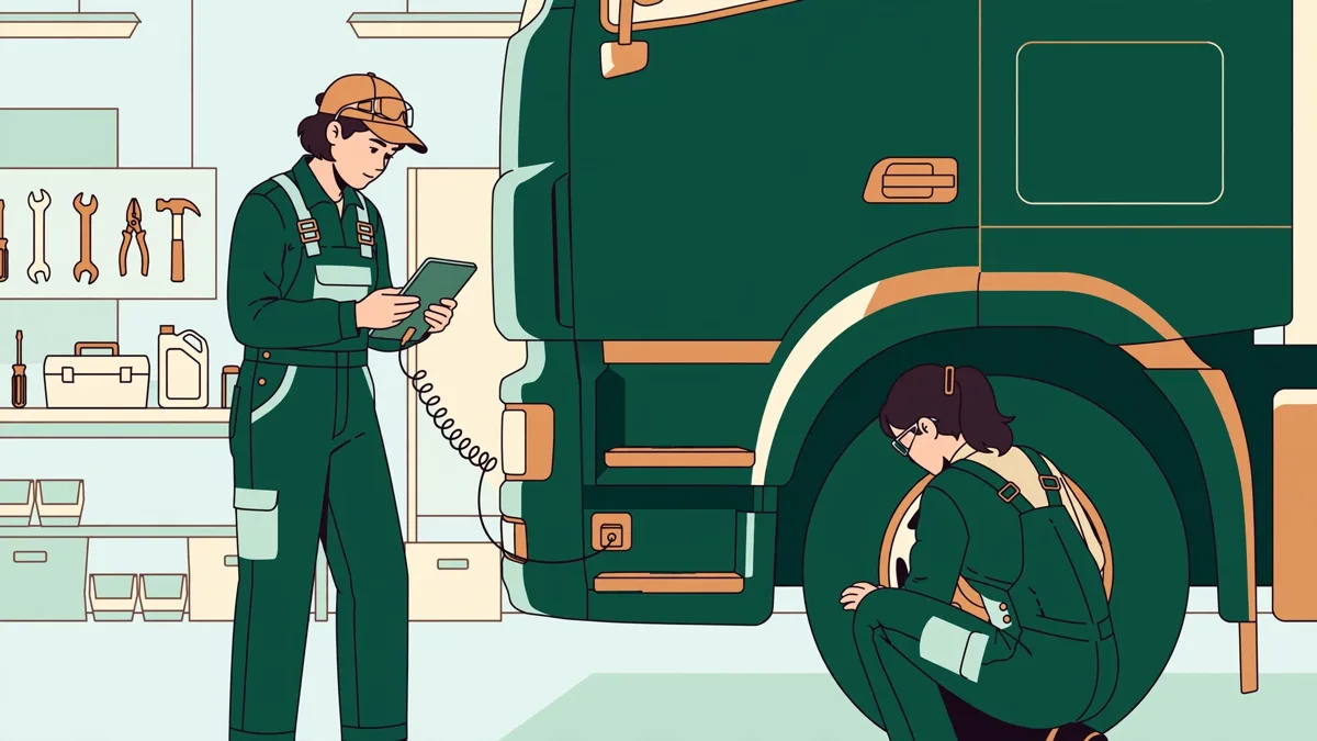 Deux étudiants en combinaison autour d'un camion en atelier, l'un branchant une valise de diagnostic pendant que l'autre contrôle une roue