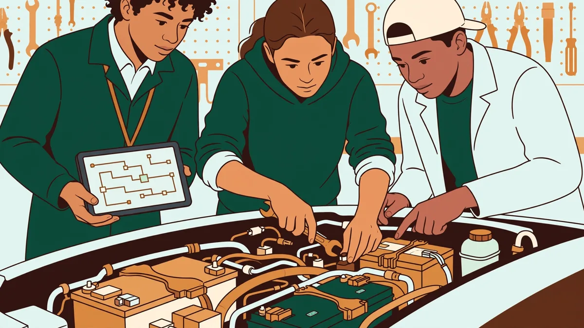 Trois apprentis autour d'une voiture hybride capot ouvert dans un atelier, une étudiante tient une tablette de diagnostic pendant qu'un autre pointe une batterie