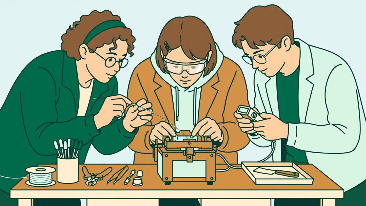 Trois étudiants soudant et testant une fibre optique avec un appareil de mesure
