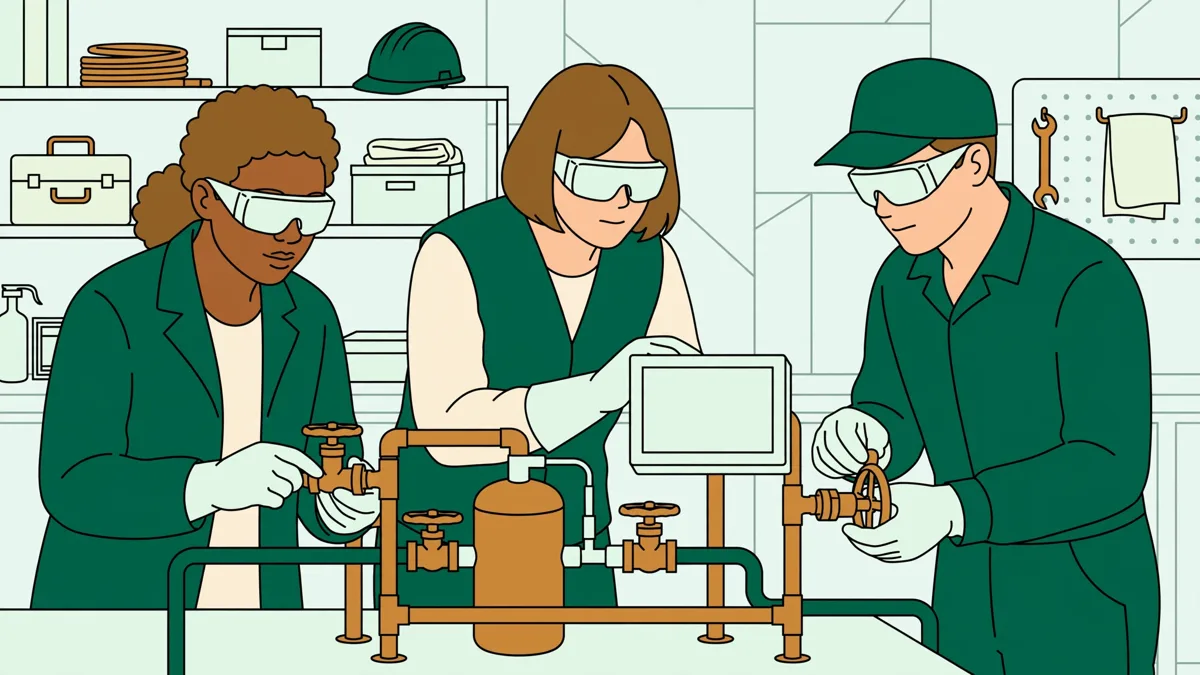 Trois élèves en lunettes et gants conduisent une petite unité pilote avec tuyaux, vannes et écran de contrôle dans un atelier.