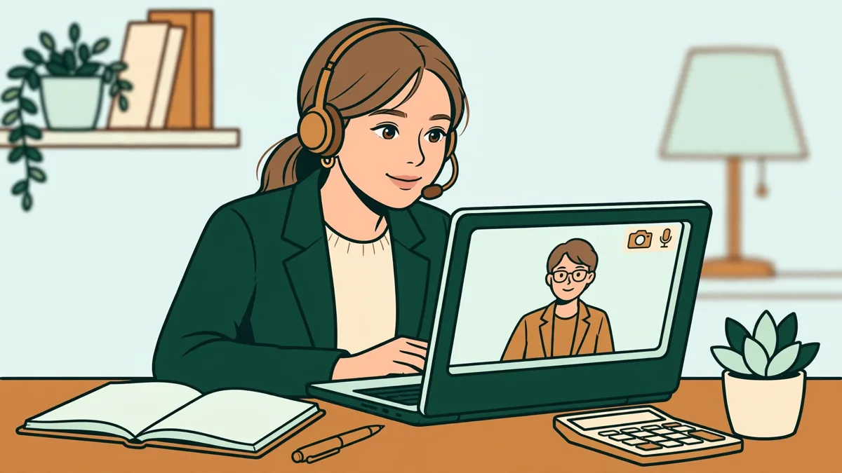 Une apprentie en assurance en appel vidéo avec son coach, carnet et ordinateur portable ouverts devant elle