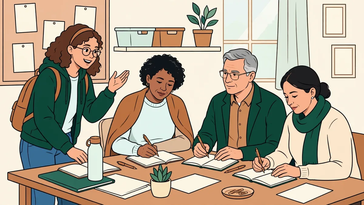 Dessin d'une étudiante en BTS ESF qui anime un petit atelier budget autour d'une table avec trois participantes, factures et carnets posés devant elles.