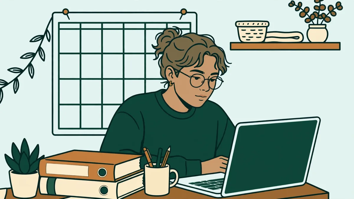 Dessin d'une étudiante qui travaille seule chez elle devant un ordinateur portable, avec des classeurs, un planning affiché au mur et une tasse de thé.