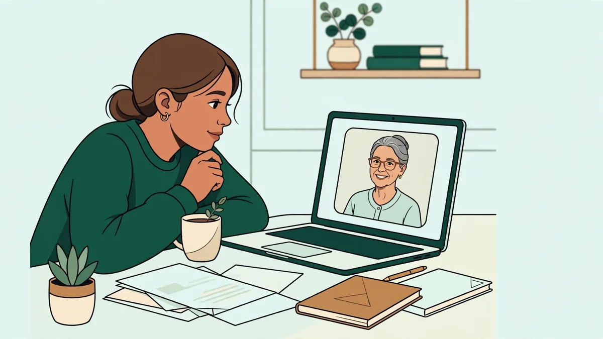Une apprentie devant son ordinateur portable en visio avec sa formatrice, carnet et épreuves corrigées posés à côté d'elle.