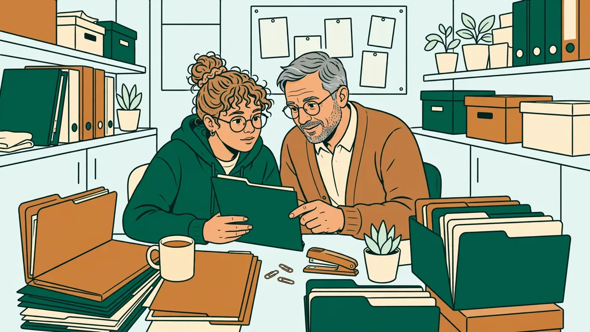 Un apprenti aide une dirigeante dans un petit bureau : ils trient ensemble des dossiers et vérifient un planning.