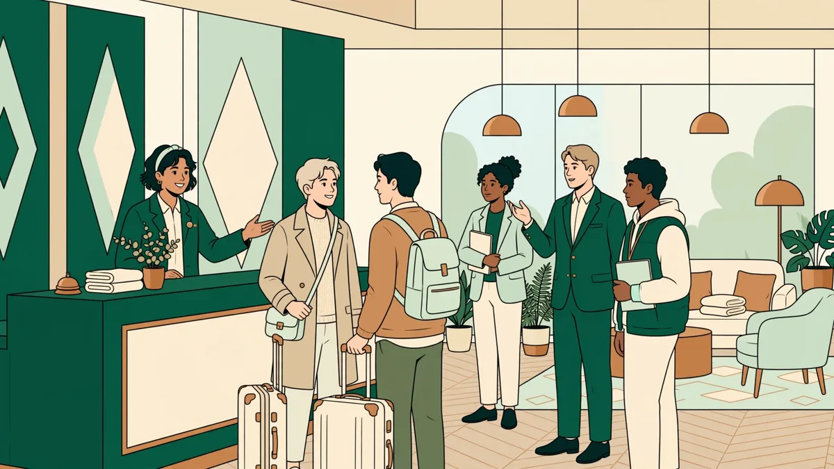 Une apprentie accueille des clients à la réception d'un hôtel pendant qu'un responsable briefe l'équipe.