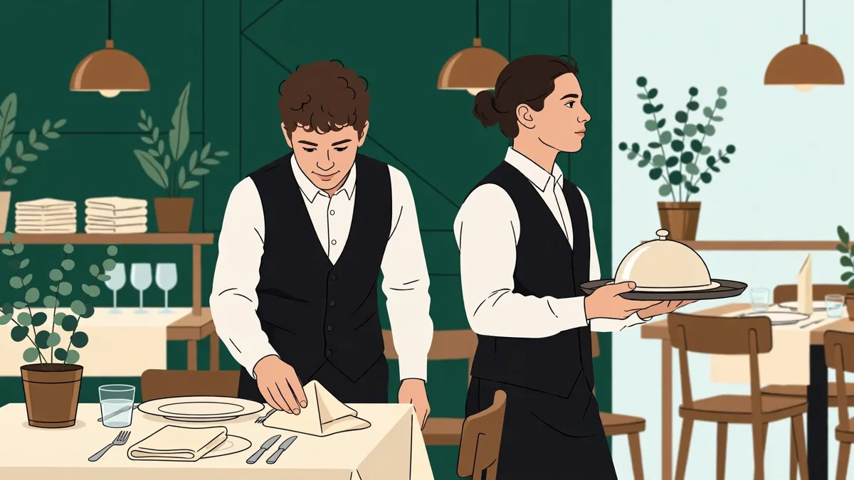 Deux apprentis en tenue de service dressent une table et apportent un plat dans une salle de restaurant animée.