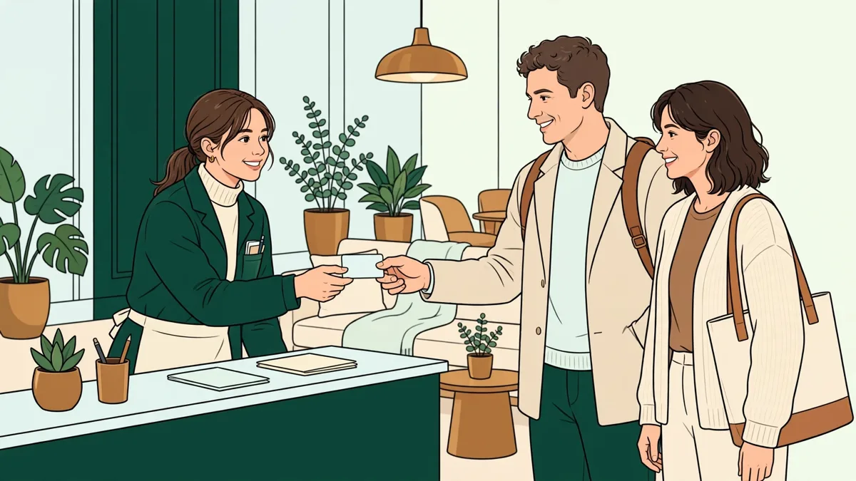 Illustration dessinée : une jeune apprentie à la réception d'un hôtel remet une carte de chambre à deux clients dans un hall clair.
