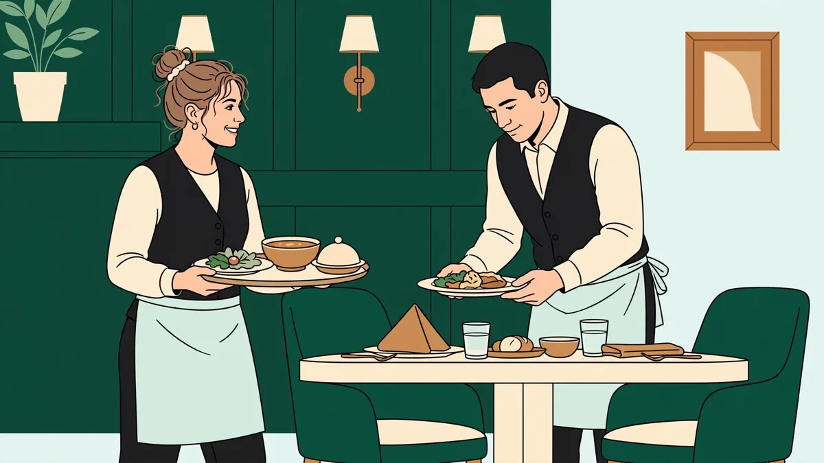 Illustration dessinée : deux apprentis en gilet noir servent des plats à des clients dans une salle de restaurant lumineuse, l'un porte un plateau.