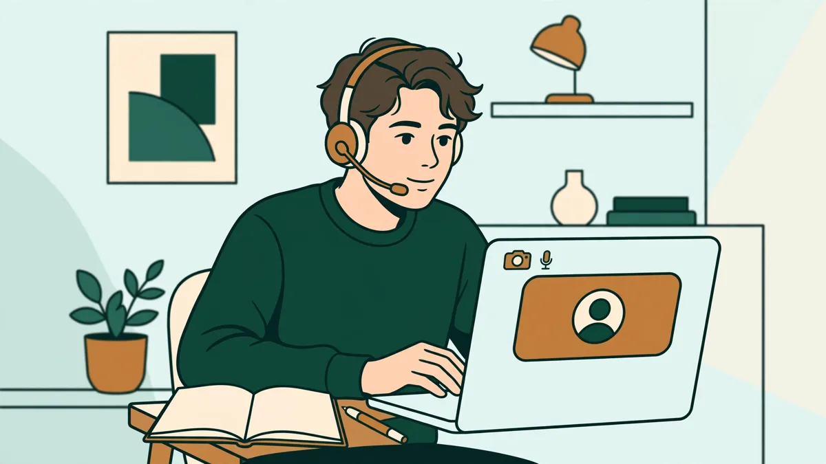 Une étudiante avec un casque devant son ordinateur portable simule un appel de prospection, carnet et fiche client posés à côté d'elle.