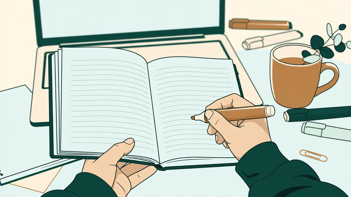 Un apprenti à distance organise sa semaine sur un agenda papier devant son ordinateur, tasse et surligneurs autour.