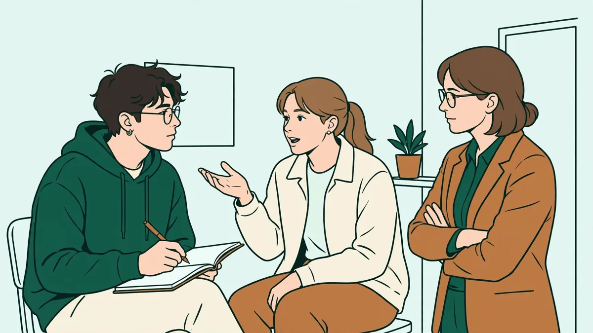 Deux étudiantes en travail social en pleine simulation d'entretien dans une petite salle, l'une écoute et prend des notes, l'autre raconte sa situation, un enseignant observe en retrait.