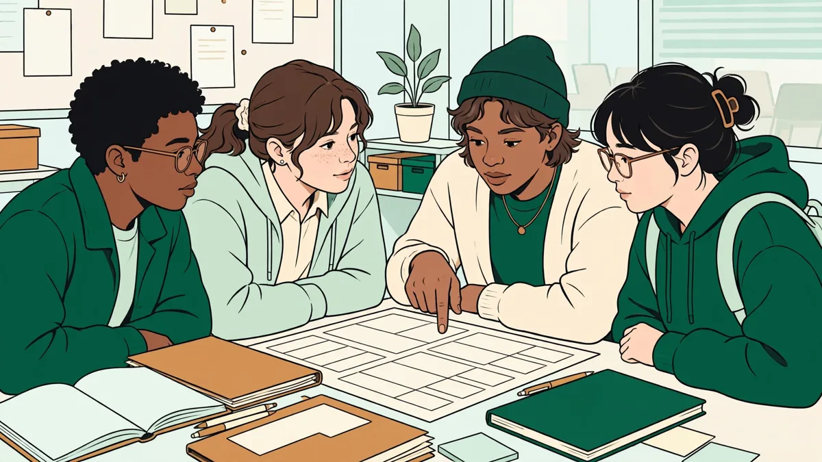 Quatre étudiants en travail social autour d'une table qui préparent un projet de terrain, dossiers et carnets ouverts, l'une montre un planning à ses camarades.