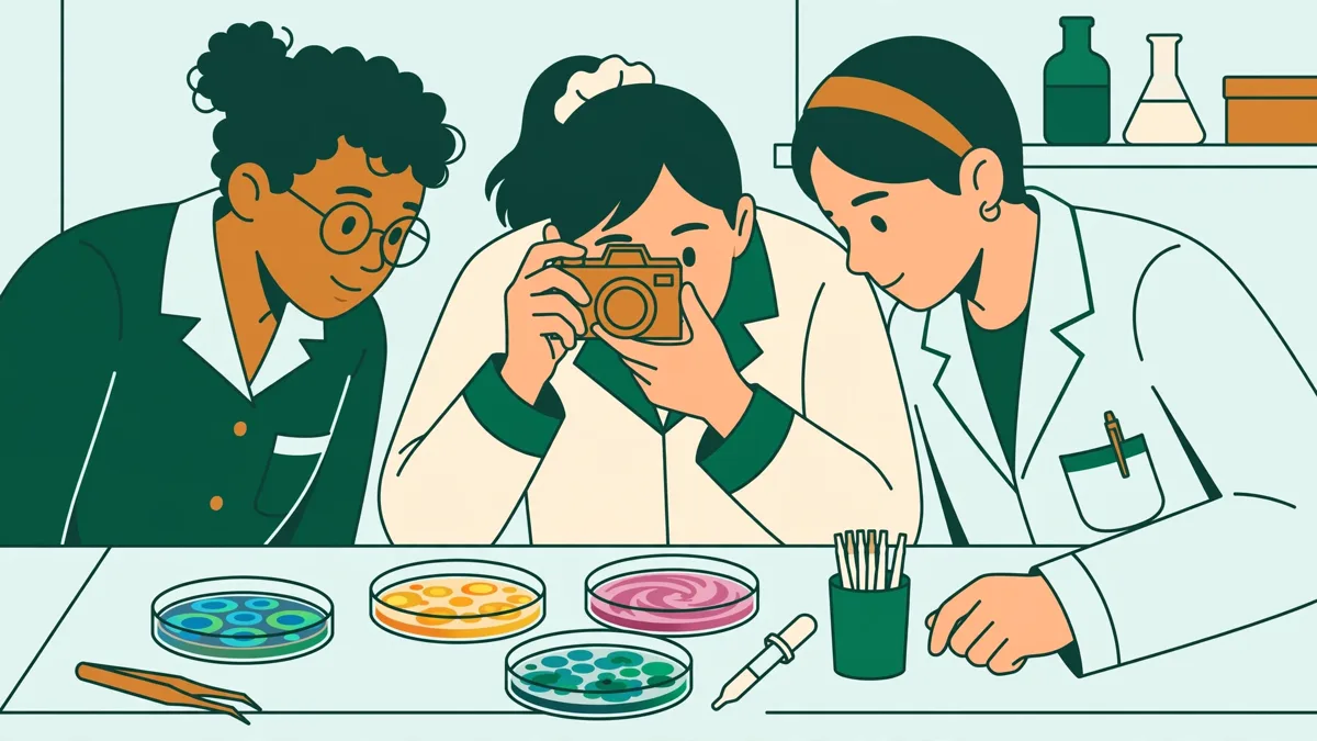 Illustration dessinée : trois étudiants en blouse qui observent et photographient des boîtes de Petri colorées sur une paillasse.