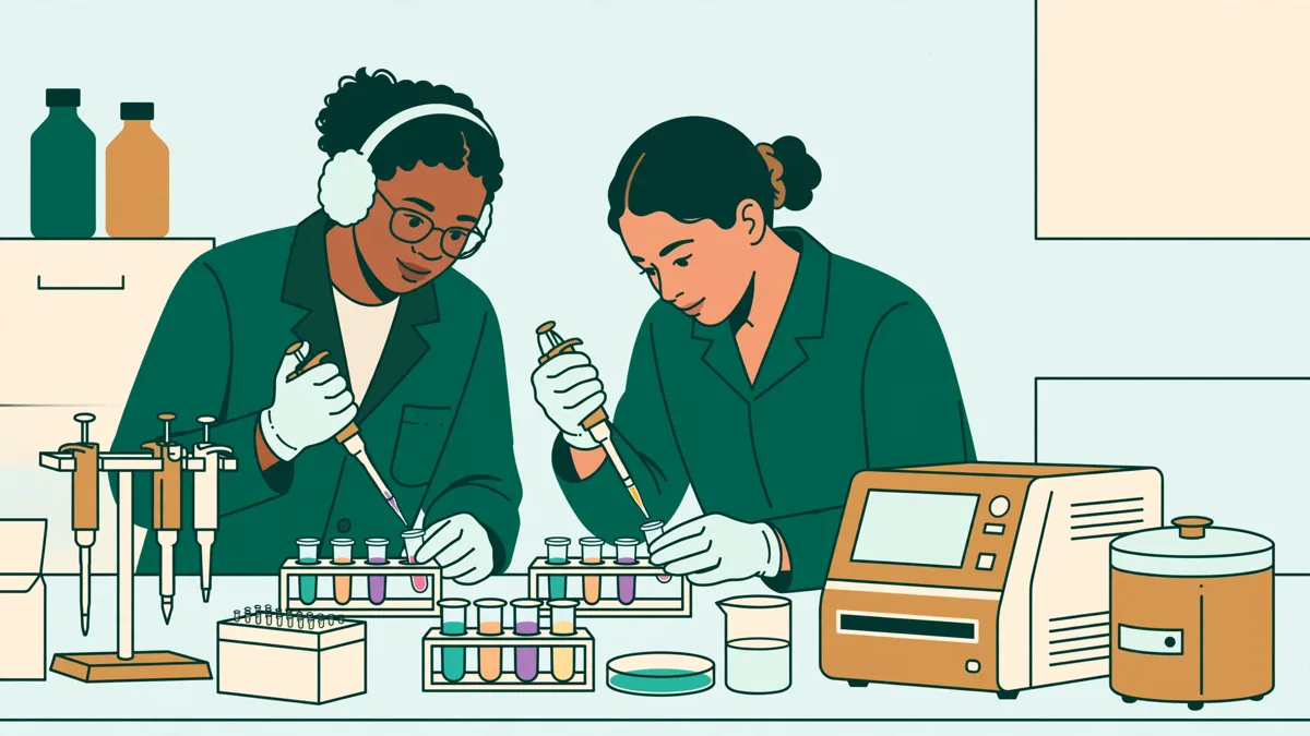 Illustration dessinée : deux étudiants en blouse et gants qui pipettent des échantillons colorés devant des automates de laboratoire.