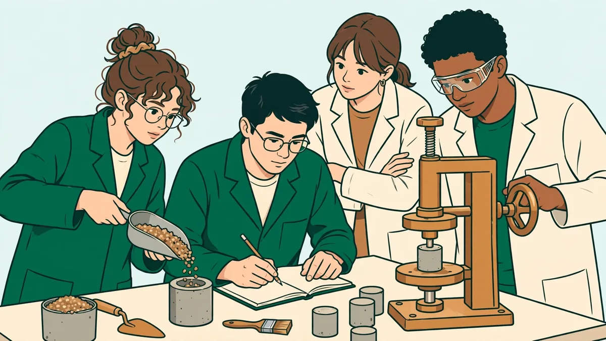 Quatre étudiants en tenue de labo autour d'une paillasse, testant des éprouvettes de béton et notant les résultats.