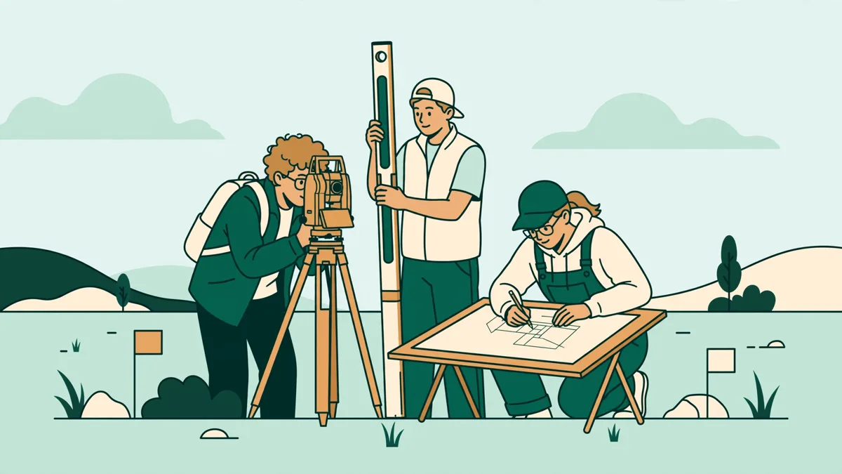 Trois étudiants en génie civil sur un terrain d'exercice, l'un derrière un tachéomètre sur trépied, un autre tenant une mire, le troisième annotant un plan.