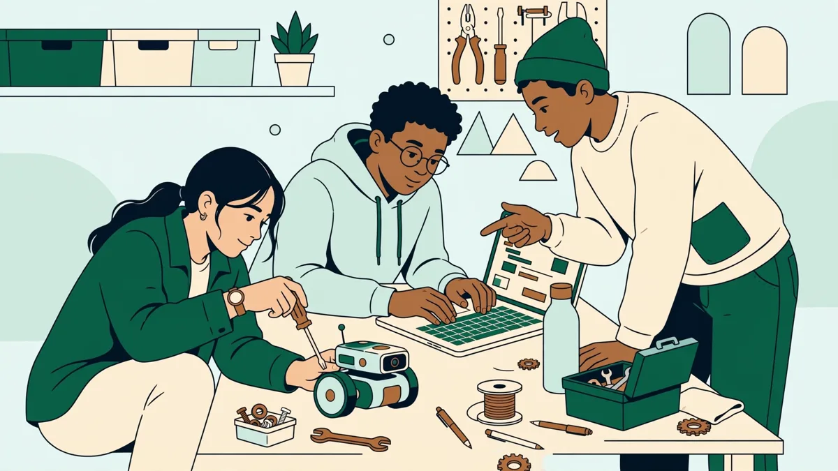 Illustration dessinée de trois étudiants autour d'un petit robot mobile sur une table d'atelier, l'une règle le robot, un autre programme sur portable.