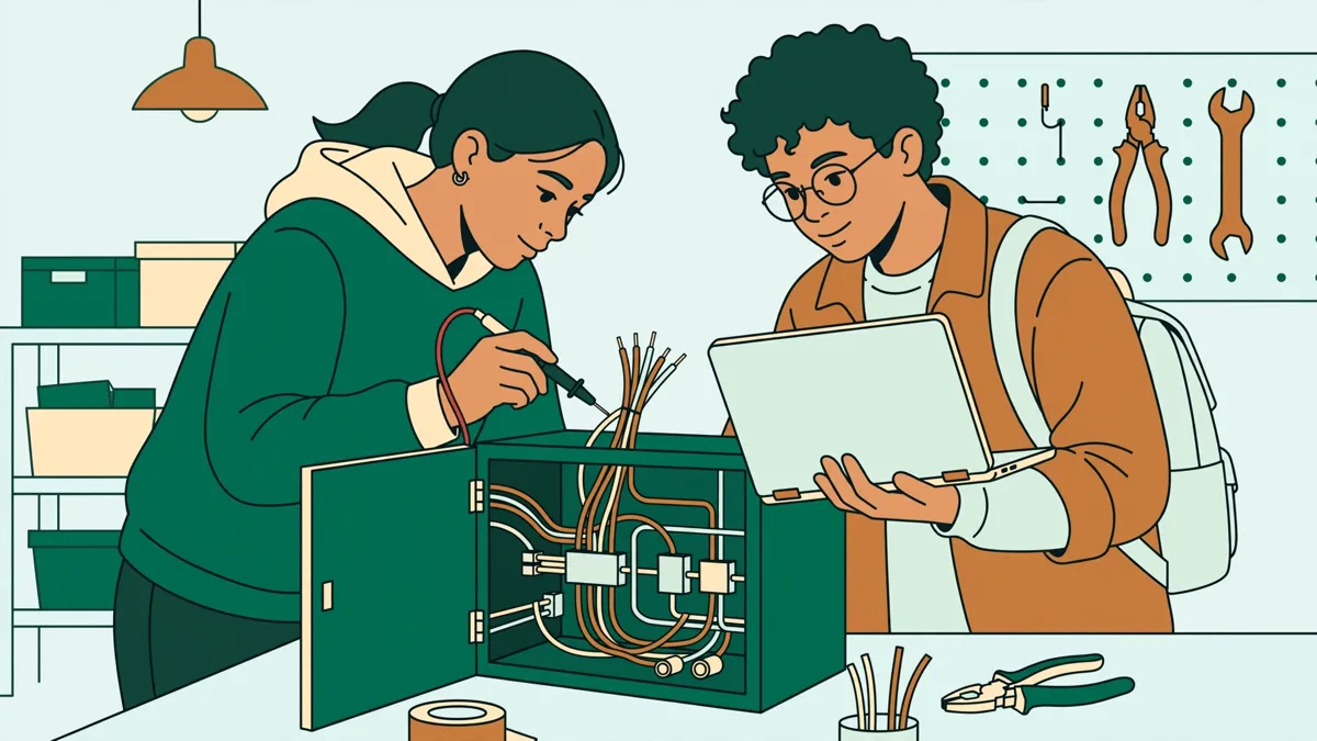 Illustration dessinée de deux étudiants en TP qui règlent une armoire électrique ouverte, l'un avec un multimètre, l'autre devant un ordinateur portable.