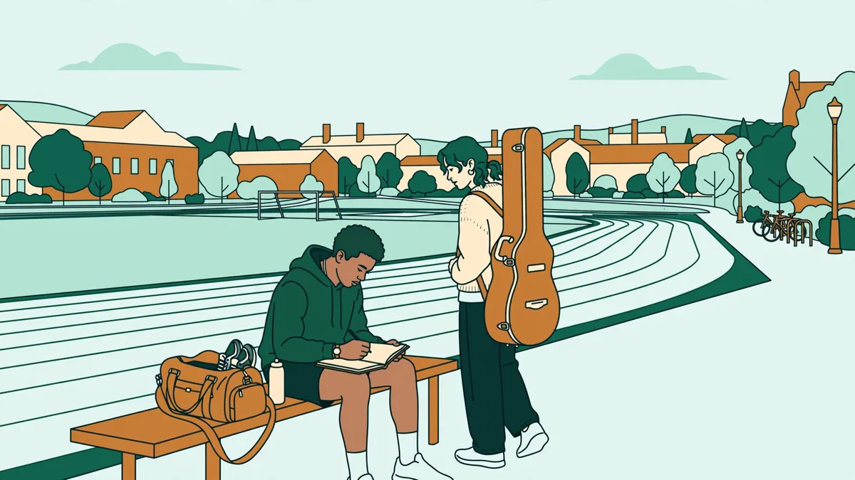 Une étudiante athlète avec un sac de sport relisant ses notes sur un banc près d'une piste, à côté d'un étudiant portant un étui de guitare.