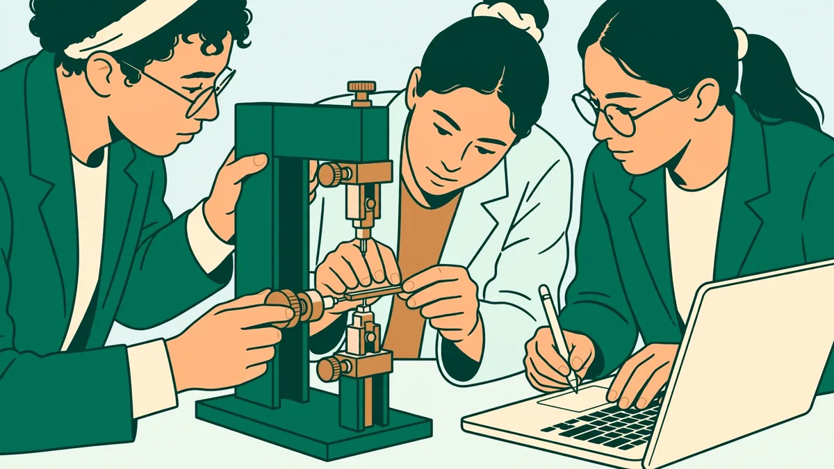 Trois étudiants en labo de matériaux autour d'une machine de traction, testant un échantillon métallique pendant qu'un autre note les résultats sur un ordinateur.