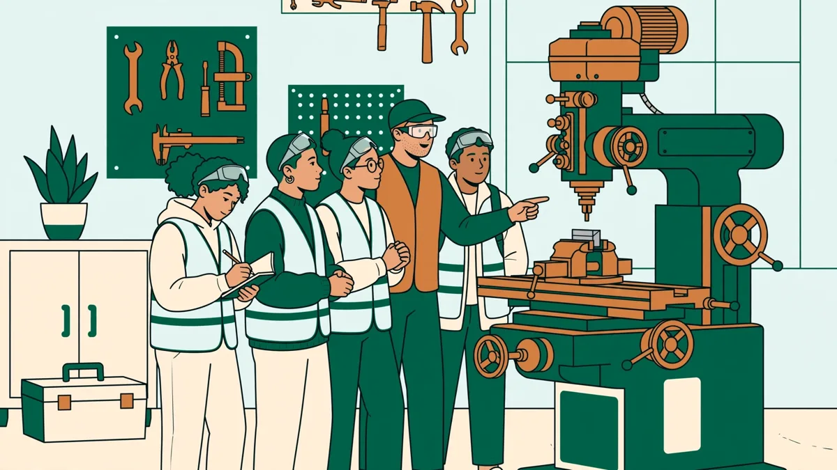 Petit groupe d'étudiants en gilets de sécurité qui observent une machine-outil en atelier, l'une prend des notes pendant qu'un technicien explique