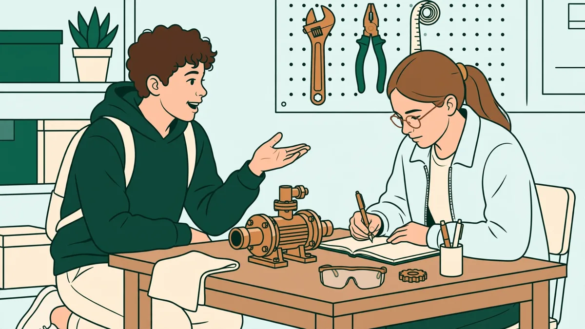 Deux étudiants jouent une négociation commerciale autour d'une petite pompe industrielle posée sur une table, l'un argumente, l'autre prend des notes