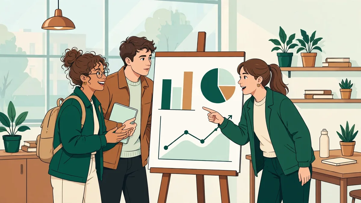 Trois étudiants présentent un poster scientifique et débattent en anglais devant un tableau de résultats