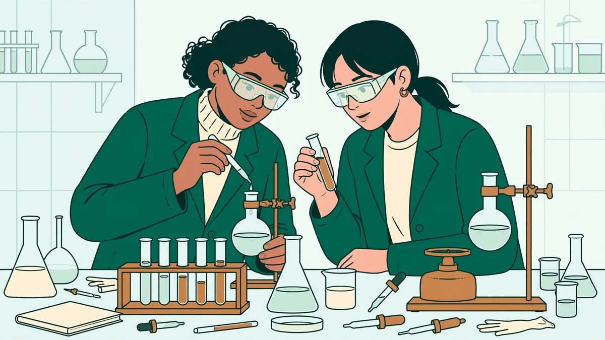 Deux étudiants en blouse et lunettes ajustent ensemble un montage de chimie avec ballon et éprouvettes sur une paillasse