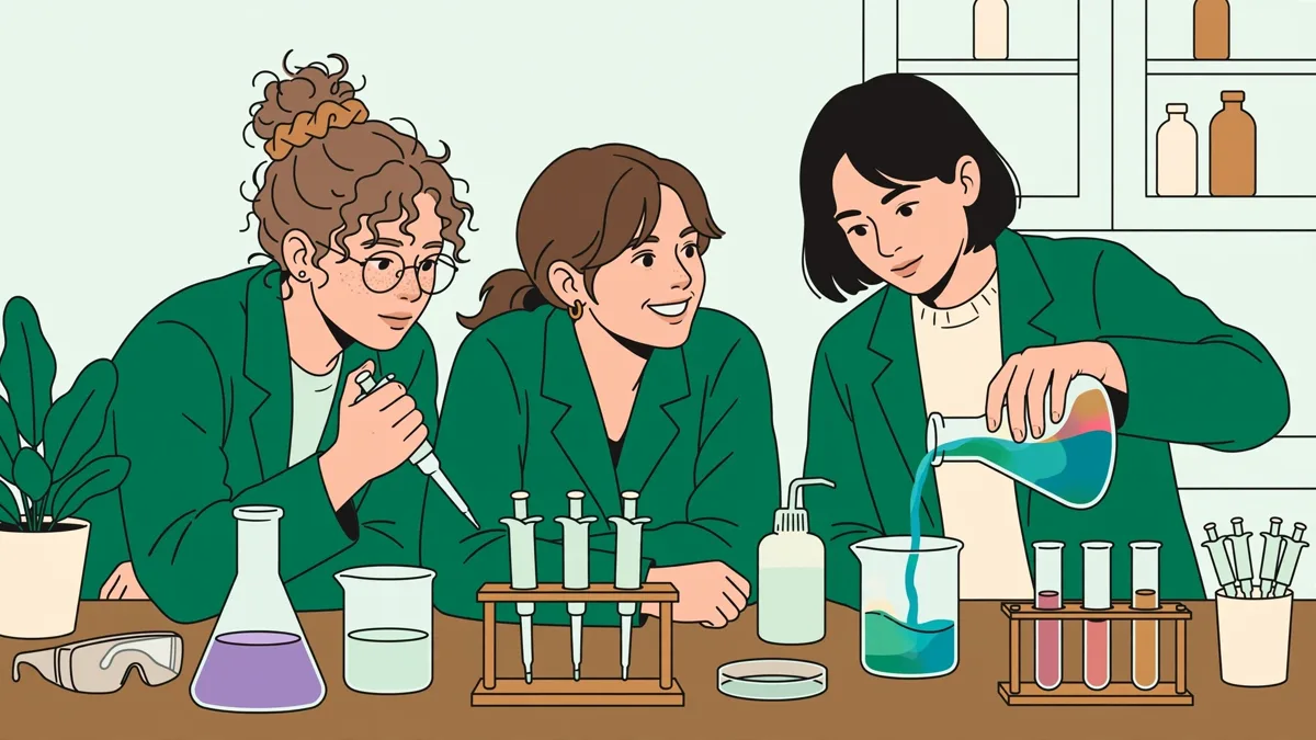 Trois étudiants en blouse autour d'une paillasse de chimie avec ballons, éprouvettes et pipettes en train de réaliser une synthèse