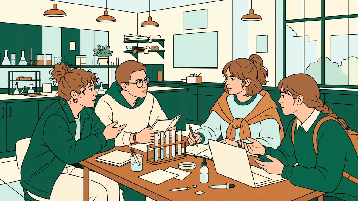 Quatre étudiants penchés sur un pilote d'analyse d'eau avec éprouvettes et carnets en train de discuter des résultats