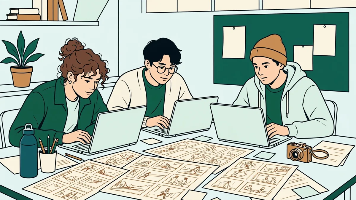 Trois étudiants autour d'une table qui montent un projet vidéo sur ordinateurs portables, storyboards étalés et caméra posée à côté
