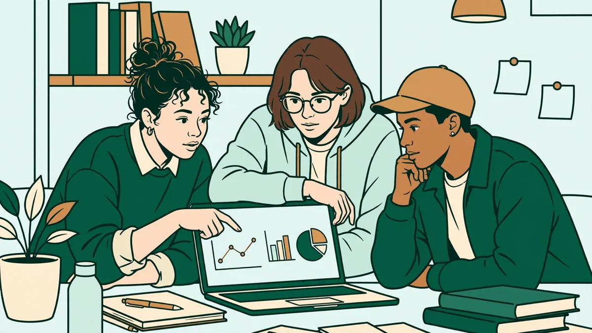 Trois étudiants autour d'un portable qui analysent ensemble un graphique de données économiques dans une salle de travail universitaire
