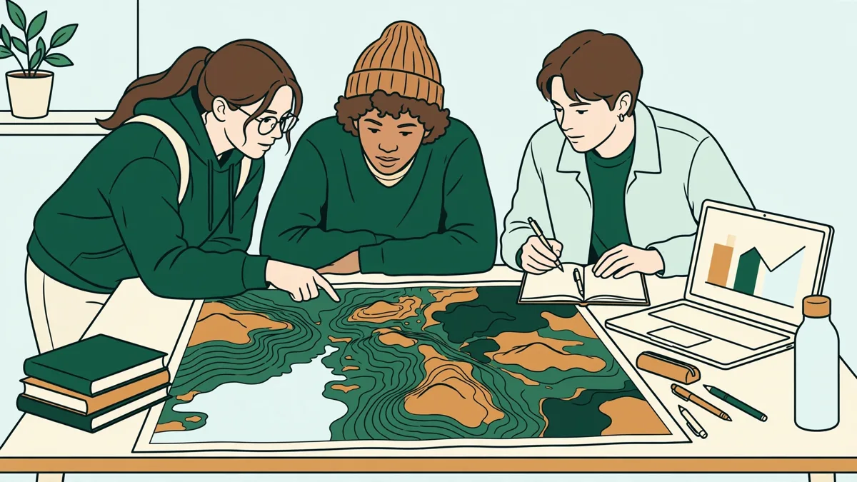 Trois étudiants en géographie autour d'une grande carte étalée sur une table, avec un ordinateur portable et des calques, en train de discuter d'un zonage