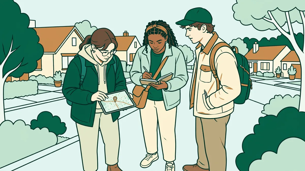 Deux étudiantes et un étudiant en relevé de terrain dans une rue, l'une tient une tablette GPS, l'autre prend des notes sur carnet