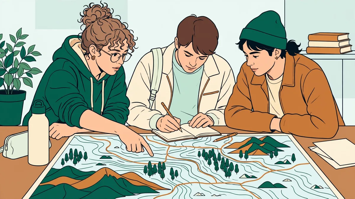 Trois étudiants autour d'une grande carte posée sur une table, l'un pointe un tracé pendant qu'une autre prend des notes.