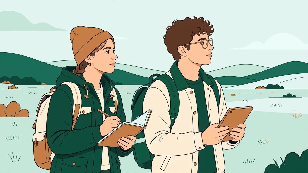 Deux étudiants en extérieur avec un carnet et une tablette qui relèvent des observations devant un paysage de plaine et de collines.