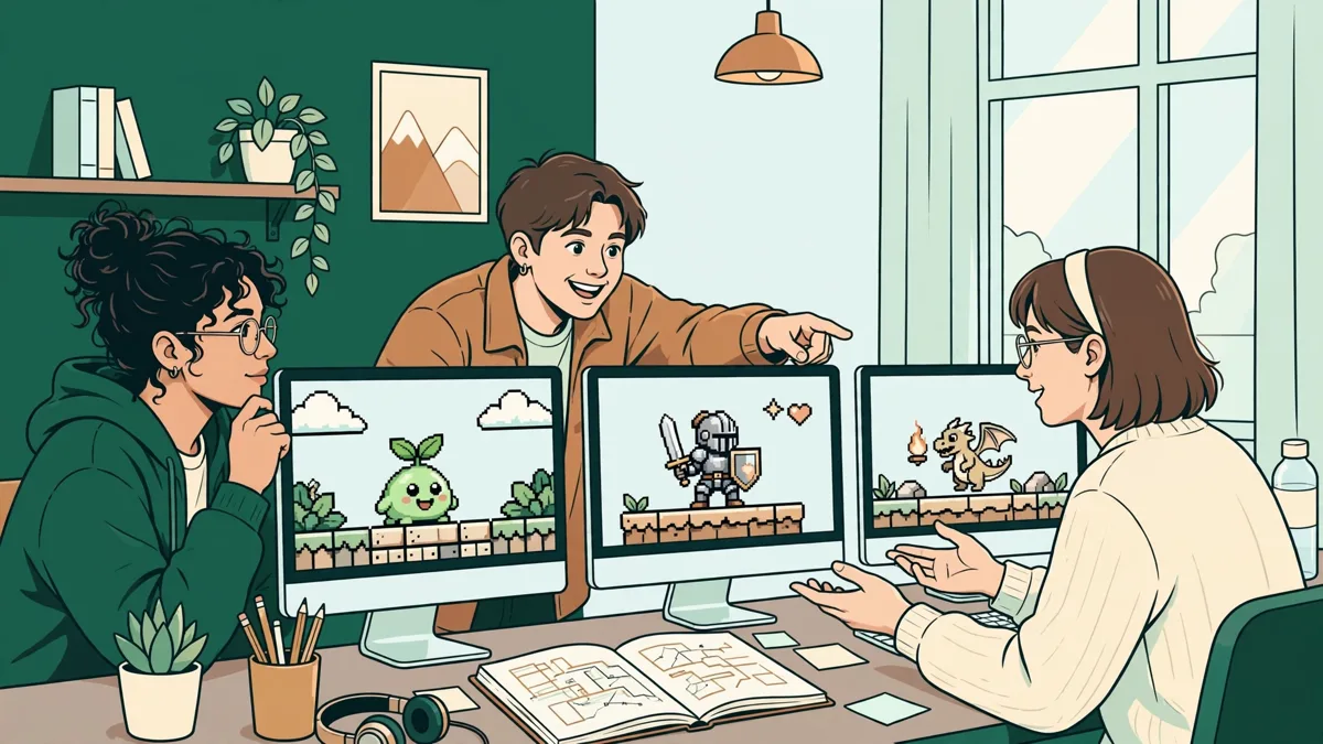Trois étudiants codent ensemble un jeu vidéo autour de leurs ordinateurs en salle de TP