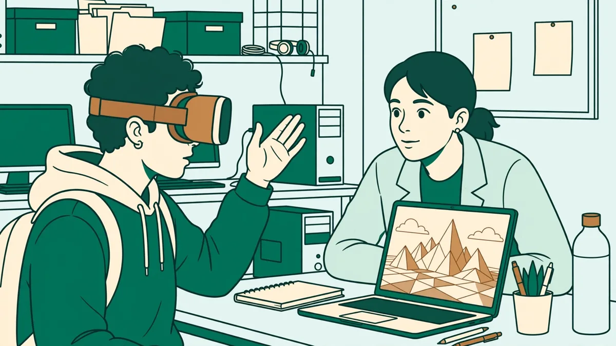 Deux étudiants testent une scène 3D au casque de réalité virtuelle dans une salle informatique