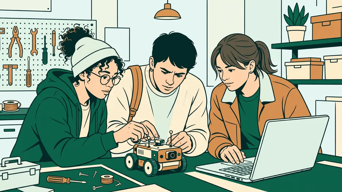 Trois étudiants qui testent un petit robot avec un ordinateur portable dans un atelier lumineux