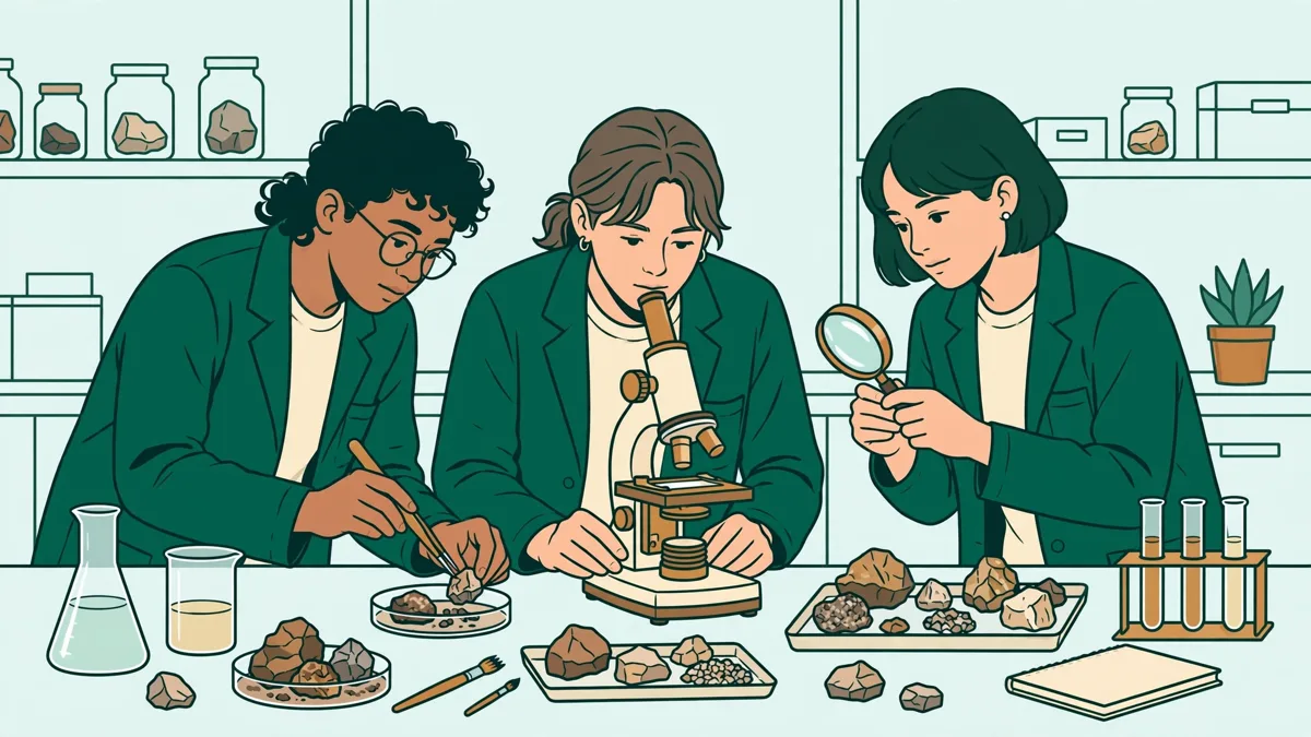 Trois étudiants en blouse analysant ensemble des échantillons de roches et de matériaux autour d'une paillasse de laboratoire universitaire