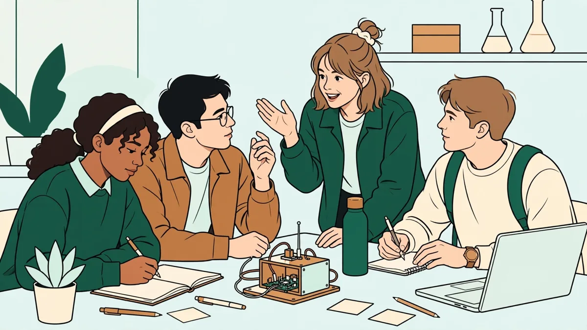 Quatre étudiants autour d'une table avec un prototype et un ordinateur, l'un présente pendant que les autres prennent des notes.