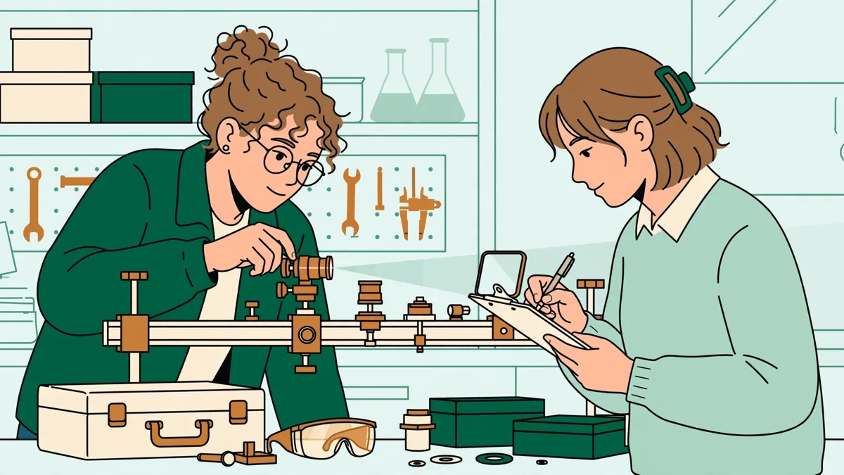 Deux étudiants en blouse devant un banc d'optique, l'une règle un laser pendant que l'autre relève une mesure sur un écran.