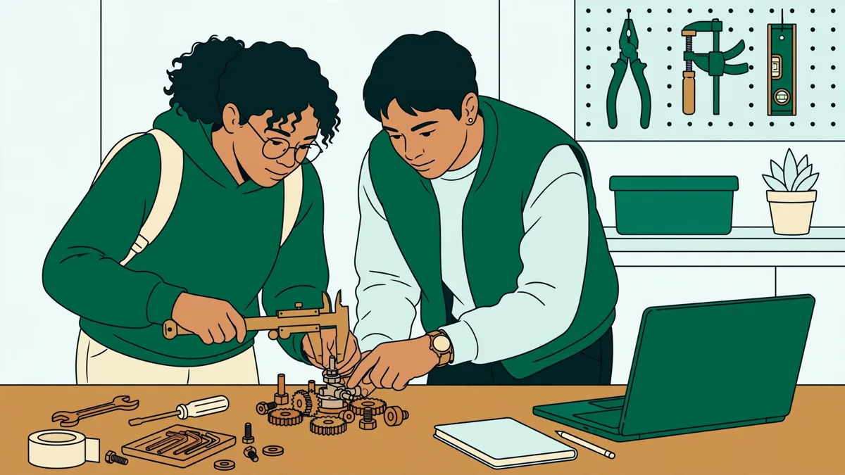 Deux étudiants qui mesurent un petit montage mécanique métallique sur un établi avec un pied à coulisse.