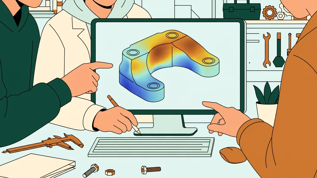 Trois étudiants autour d'un écran montrant la simulation d'une pièce mécanique avec des zones de contrainte colorées.