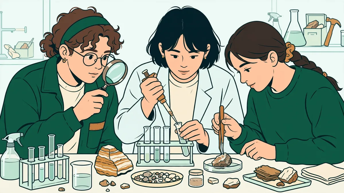 Trois étudiants en géosciences autour d'une paillasse de laboratoire, l'un observe un échantillon, une autre pipette un flacon d'eau.