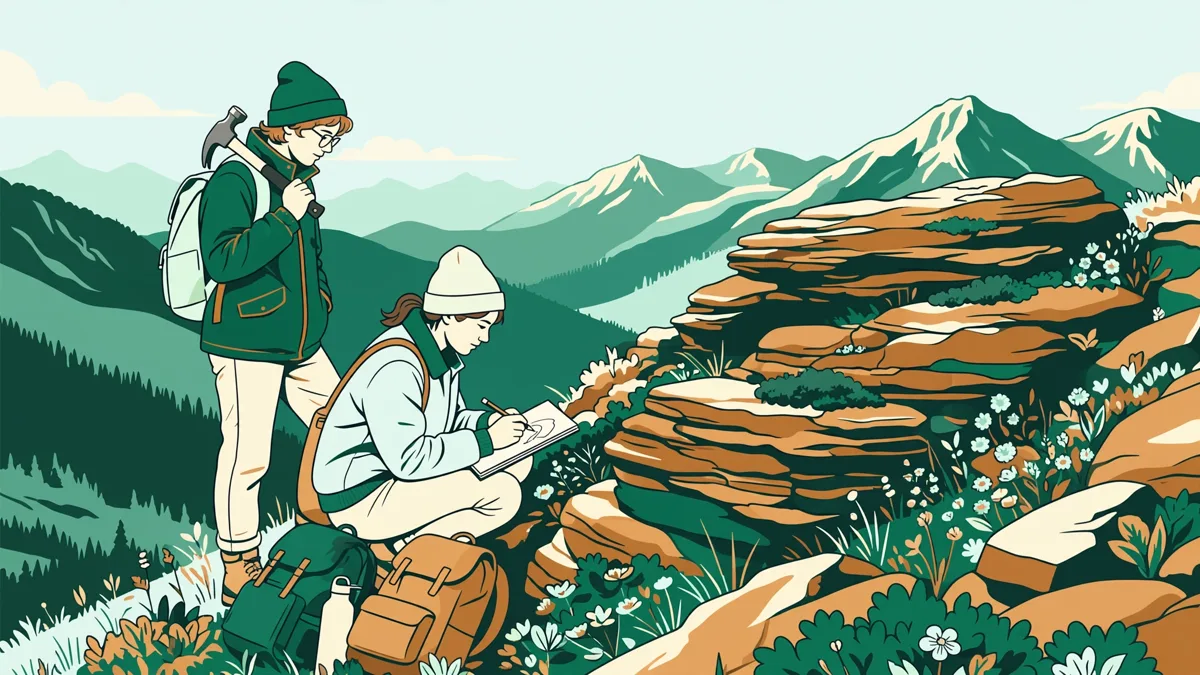 Petit groupe d'étudiants en géosciences autour d'un affleurement rocheux en montagne, l'un frappe au marteau, une autre dessine dans son carnet.