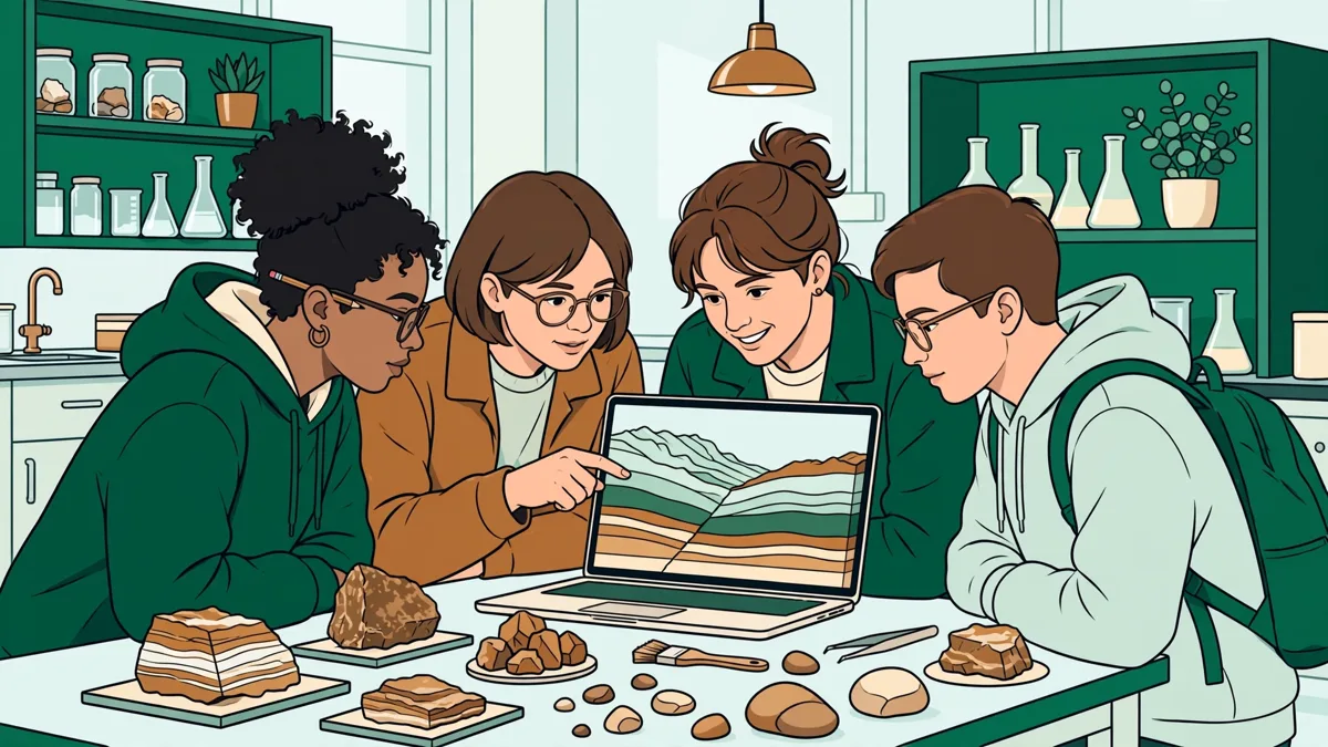 Quatre étudiants en labo autour d'échantillons de roches et d'un écran montrant le sous-sol