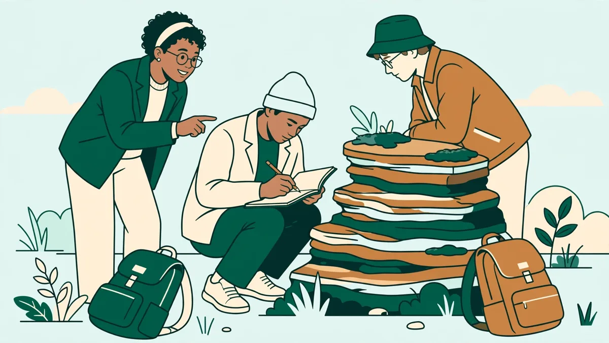 Trois étudiants en géologie autour d'un affleurement rocheux, l'un montre une couche, l'autre prend des notes